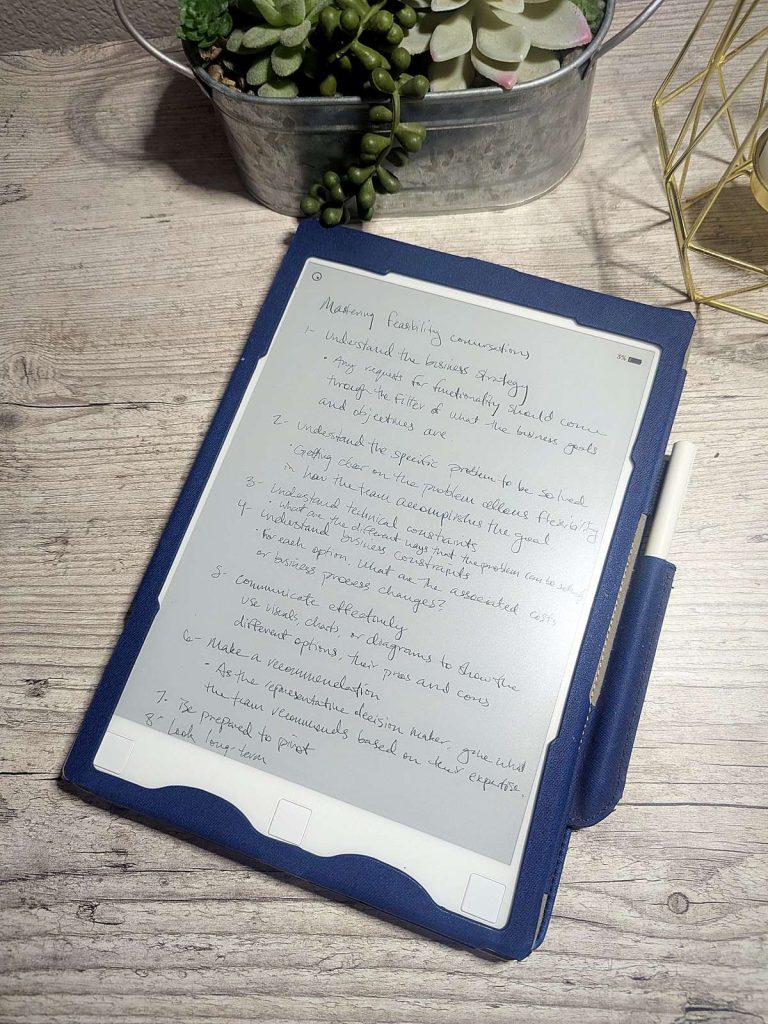 Close-up of handwritten notes on a reMarkable e-ink tablet screen