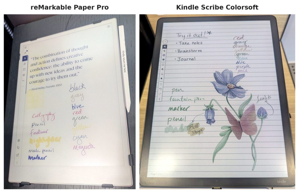 Color pen samples on the reMarkable Paper Pro next to the Kindle Scribe Colorsoft, showing the Colorsoft's brighter colors