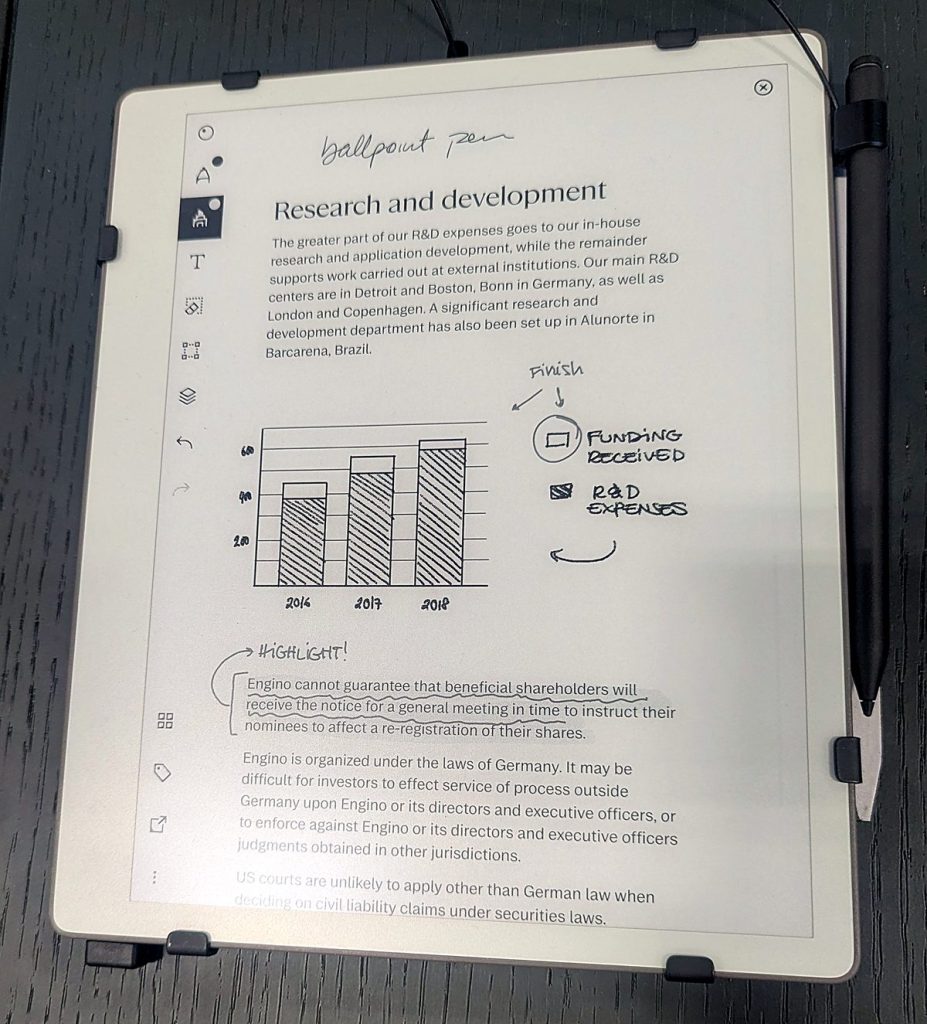 reMarkable Paper Pure black-and-white e-ink tablet showing notes and a hand-drawn chart